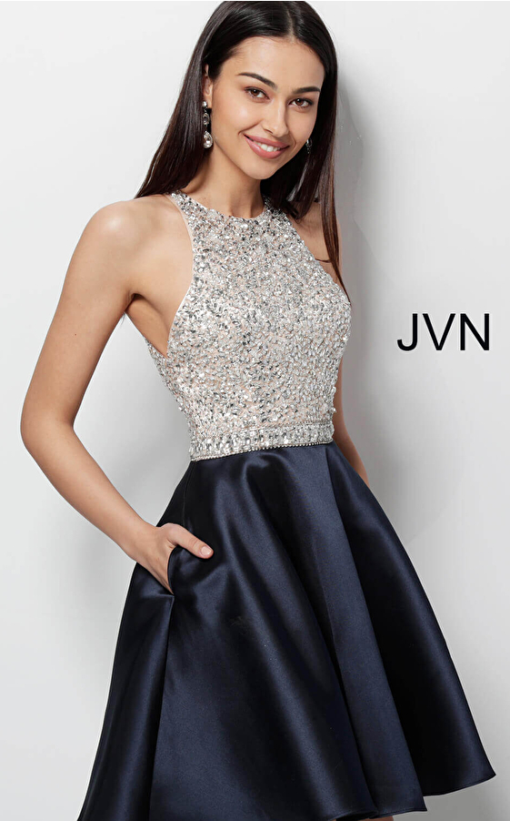 JVN57782 Black Embellished Bodice Sleeveless Short Dress 